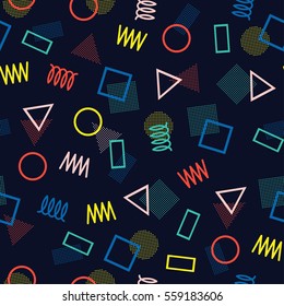 Retro memphis geometric line shapes seamless patterns. Hipster fashion 80-90s. Abstract jumble textures. Zigzag lines. Triangle. Memphis style for printing, website, poster.