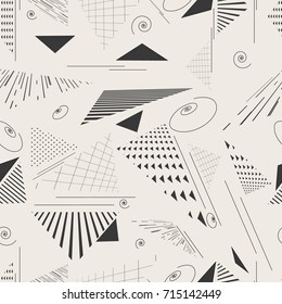 Retro memphis geometric line shapes and triangles seamless patterns. Hipster fashion 80-90s. Abstract jumble textures. Black and white. Triangle. Memphis style for printing, website, fabric, poster.