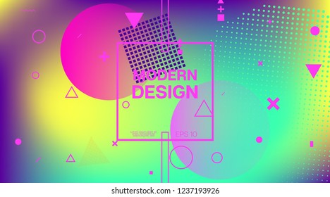 Retro Memphis Music Poster Vector Design. Neon Gradient Overlay, Small Space Particles Background. Memphis Geometric Elements Design, Minimal Cover. Vintage Abstract Shapes Corporate Design