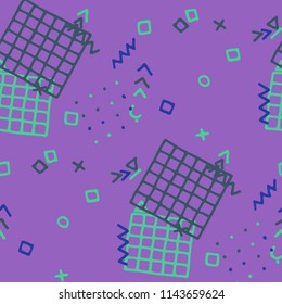 Retro Memphis Pattern. Seamless Background for Banner, Poster, Cover in Trendy Style. Colorful Geometric Pattern with Hand Drawn Scribble Elements. Colorful Triangles, Rings, Zigzags and Dots.