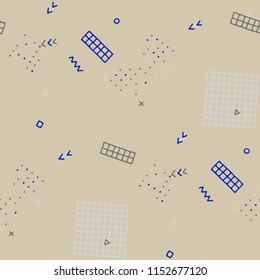 Retro Memphis Pattern. Seamless Background for Banner, Poster, Cover in Trendy Style. Bright Geometric Pattern with Hand Drawn Scribble Elements. Colorful Triangles, Rings, Zigzags and Dots.