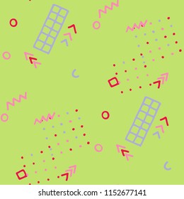 Retro Memphis Pattern. Seamless Background for Banner, Poster, Cloth in Trendy Style. Bright Geometric Pattern with Hand Drawn Scribble Elements. Colorful Triangles, Rings, Zigzags and Dots.
