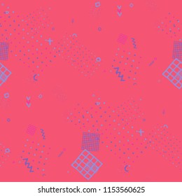 Retro Memphis Pattern. Seamless Background for Banner, Poster, Cover in Trendy Style. Bright Geometric Pattern with Hand Drawn Scribble Elements. Colorful Triangles, Rings, Zigzags and Dots.