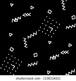 Retro Memphis Pattern. Seamless Background for Wallpaper, Print, Textile in Trendy Style. Bright Geometric Pattern with Hand Drawn Scribble Elements. Black and White Triangles, Zigzags and Dots.