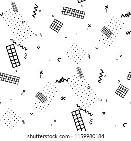 Retro Memphis Pattern. Seamless Background for Wallpaper, Calico, Textile in Trendy Style. Colorful Geometric Pattern with Hand Drawn Scribble Elements. Black and White Triangles, Zigzags and Dots.