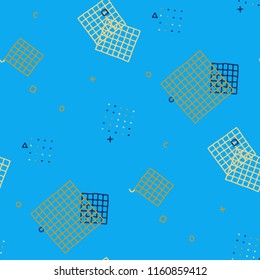 Retro Memphis Pattern. Seamless Background for Wallpaper, Cotton, Swimwear in Trendy Style. Bright Geometric Pattern with Hand Drawn Scribble Elements. Colorful Triangles, Rings, Zigzags and Dots.