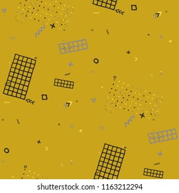 Retro Memphis Pattern. Seamless Background for Card, Poster, Cover in Trendy Style. Colorful Geometric Pattern with Hand Drawn Scribble Elements. Colorful Triangles, Rings, Zigzags and Dots.