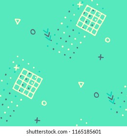 Retro Memphis Pattern. Seamless Background for Wallpaper, Print, Textile in Trendy Style. Bright Geometric Pattern with Hand Drawn Scribble Elements. Colorful Triangles, Rings, Zigzags and Dots.