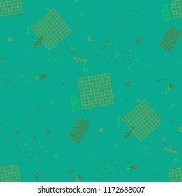 Retro Memphis Pattern. Seamless Background for Card, Poster, Cover in Trendy Style. Colorful Geometric Pattern with Hand Drawn Scribble Elements. Colorful Triangles, Rings, Zigzags and Dots.