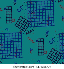 Retro Memphis Pattern. Seamless Background for Chintz, Calico, Fabric in Trendy Style. Colorful Geometric Pattern with Hand Drawn Scribble Elements. Colorful Triangles, Rings, Zigzags and Dots.