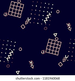 Retro Memphis Pattern. Seamless Background for Wallpaper, Fabric, Cloth in Trendy Style. Bright Geometric Pattern with Hand Drawn Scribble Elements. Colorful Triangles, Rings, Zigzags and Dots.
