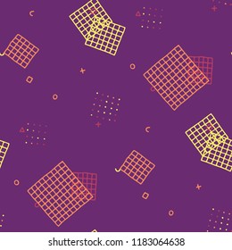 Retro Memphis Pattern. Seamless Background for Banner, Fabric, Cloth in Trendy Style. Bright Geometric Pattern with Hand Drawn Scribble Elements. Colorful Triangles, Rings, Zigzags and Dots.