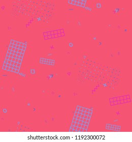 Retro Memphis Pattern. Seamless Background for Card, Print, Textile in Trendy Style. Bright Geometric Pattern with Hand Drawn Scribble Elements. Colorful Triangles, Rings, Zigzags and Dots.