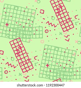 Retro Memphis Pattern. Seamless Background for Wallpaper, Calico, Fabric in Trendy Style. Bright Geometric Pattern with Hand Drawn Scribble Elements. Colorful Triangles, Rings, Zigzags and Dots.