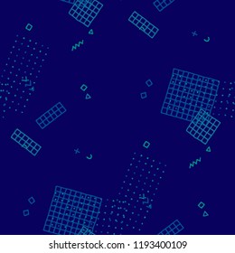 Retro Memphis Pattern. Seamless Background for Card, Poster, Cover in Trendy Style. Bright Geometric Pattern with Hand Drawn Scribble Elements. Colorful Triangles, Rings, Zigzags and Dots.