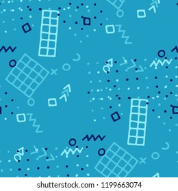 Retro Memphis Pattern. Seamless Background for Card, Poster, Cover in Trendy Style. Bright Geometric Pattern with Hand Drawn Scribble Elements. Colorful Triangles, Rings, Zigzags and Dots.