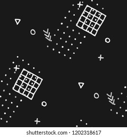 Retro Memphis Pattern. Seamless Background for Wallpaper, Print, Textile in Trendy Style. Bright Geometric Pattern with Hand Drawn Scribble Elements. Colorful Triangles, Rings, Zigzags and Dots.