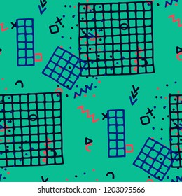 Retro Memphis Pattern. Seamless Background for Wallpaper, Calico, Fabric in Trendy Style. Bright Geometric Pattern with Hand Drawn Scribble Elements. Colorful Triangles, Rings, Zigzags and Dots.