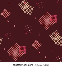 Retro Memphis Pattern. Seamless Background for Wallpaper, Fabric, Swimwear in Trendy Style. Colorful Geometric Pattern with Hand Drawn Scribble Elements. Colorful Triangles, Rings, Zigzags and Dots.