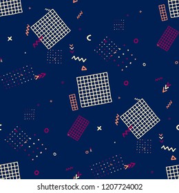 Retro Memphis Pattern. Seamless Background for Card, Banner, Cover in Trendy Style. Colorful Geometric Pattern with Hand Drawn Scribble Elements. Colorful Triangles, Rings, Zigzags and Dots.