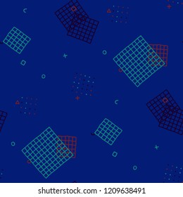 Retro Memphis Pattern. Seamless Background for Card, Banner, Cover in Trendy Style. Colorful Geometric Pattern with Hand Drawn Scribble Elements. Colorful Triangles, Rings, Zigzags and Dots.