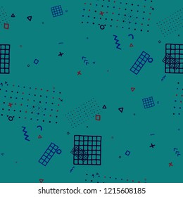 Retro Memphis Pattern. Seamless Background for Wallpaper, Fabric, Cloth in Trendy Style. Bright Geometric Pattern with Hand Drawn Scribble Elements. Colorful Triangles, Rings, Zigzags and Dots.