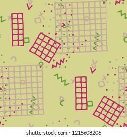 Retro Memphis Pattern. Seamless Background for Wallpaper, Cotton, Swimwear in Trendy Style. Colorful Geometric Pattern with Hand Drawn Scribble Elements. Colorful Triangles, Rings, Zigzags and Dots.