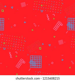 Retro Memphis Pattern. Seamless Background for Card, Banner, Cover in Trendy Style. Colorful Geometric Pattern with Hand Drawn Scribble Elements. Colorful Triangles, Rings, Zigzags and Dots.