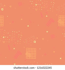 Retro Memphis Pattern. Seamless Background for Banner, Poster, Cover in Trendy Style. Colorful Geometric Pattern with Hand Drawn Scribble Elements. Colorful Triangles, Rings, Zigzags and Dots.