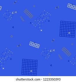 Retro Memphis Pattern. Seamless Background for Card, Poster, Cover in Trendy Style. Colorful Geometric Pattern with Hand Drawn Scribble Elements. Colorful Triangles, Rings, Zigzags and Dots.