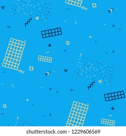 Retro Memphis Pattern. Seamless Background for Card, Print, Textile in Trendy Style. Colorful Geometric Pattern with Hand Drawn Scribble Elements. Colorful Triangles, Rings, Zigzags and Dots.