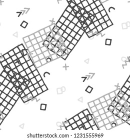 Retro Memphis Pattern. Seamless Background for Chintz, Cotton, Swimwear in Trendy Style. Colorful Geometric Pattern with Hand Drawn Scribble Elements. Colorful Triangles, Rings, Zigzags and Dots.