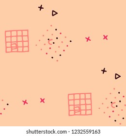 Retro Memphis Pattern. Seamless Background for Card, Print, Textile in Trendy Style. Colorful Geometric Pattern with Hand Drawn Scribble Elements. Colorful Triangles, Rings, Zigzags and Dots.