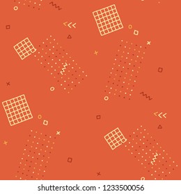 Retro Memphis Pattern. Seamless Background for Chintz, Cotton, Swimwear in Trendy Style. Bright Geometric Pattern with Hand Drawn Scribble Elements. Colorful Triangles, Rings, Zigzags and Dots.