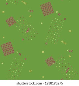 Retro Memphis Pattern. Seamless Background for Wallpaper, Cotton, Swimwear in Trendy Style. Bright Geometric Pattern with Hand Drawn Scribble Elements. Colorful Triangles, Rings, Zigzags and Dots.