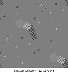 Retro Memphis Pattern. Seamless Background for Wallpaper, Print, Textile in Trendy Style. Colorful Geometric Pattern with Hand Drawn Scribble Elements. Colorful Triangles, Rings, Zigzags and Dots.