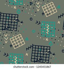 Retro Memphis Pattern. Seamless Background for Banner, Poster, Cover in Trendy Style. Bright Geometric Pattern with Hand Drawn Scribble Elements. Colorful Triangles, Rings, Zigzags and Dots.