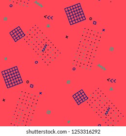 Retro Memphis Pattern. Seamless Background for Banner, Poster, Cover in Trendy Style. Colorful Geometric Pattern with Hand Drawn Scribble Elements. Colorful Triangles, Rings, Zigzags and Dots.