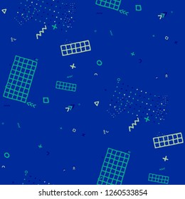 Retro Memphis Pattern. Seamless Background for Banner, Poster, Cloth in Trendy Style. Colorful Geometric Pattern with Hand Drawn Scribble Elements. Colorful Triangles, Rings, Zigzags and Dots.