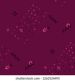 Retro Memphis Pattern. Seamless Background for Wallpaper, Print, Textile in Trendy Style. Bright Geometric Pattern with Hand Drawn Scribble Elements. Colorful Triangles, Rings, Zigzags and Dots.