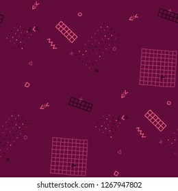 Retro Memphis Pattern. Seamless Background for Wallpaper, Print, Textile in Trendy Style. Bright Geometric Pattern with Hand Drawn Scribble Elements. Colorful Triangles, Rings, Zigzags and Dots.