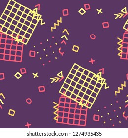 Retro Memphis Pattern. Seamless Background for Wallpaper, Fabric, Cloth in Trendy Style. Colorful Geometric Pattern with Hand Drawn Scribble Elements. Colorful Triangles, Rings, Zigzags and Dots.