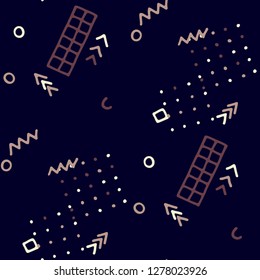 Retro Memphis Pattern. Seamless Background for Chintz, Cotton, Fabric in Trendy Style. Bright Geometric Pattern with Hand Drawn Scribble Elements. Colorful Triangles, Rings, Zigzags and Dots.