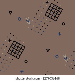 Retro Memphis Pattern. Seamless Background for Wallpaper, Print, Textile in Trendy Style. Bright Geometric Pattern with Hand Drawn Scribble Elements. Colorful Triangles, Rings, Zigzags and Dots.