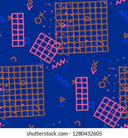 Retro Memphis Pattern. Seamless Background for Wallpaper, Fabric, Cloth in Trendy Style. Bright Geometric Pattern with Hand Drawn Scribble Elements. Colorful Triangles, Rings, Zigzags and Dots.