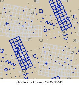 Retro Memphis Pattern. Seamless Background for Wallpaper, Fabric, Swimwear in Trendy Style. Bright Geometric Pattern with Hand Drawn Scribble Elements. Colorful Triangles, Rings, Zigzags and Dots.