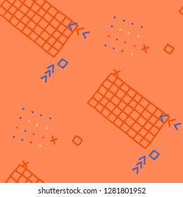 Retro Memphis Pattern. Seamless Background for Wallpaper, Calico, Fabric in Trendy Style. Colorful Geometric Pattern with Hand Drawn Scribble Elements. Colorful Triangles, Rings, Zigzags and Dots.