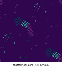Retro Memphis Pattern. Seamless Background for Banner, Poster, Cover in Trendy Style. Colorful Geometric Pattern with Hand Drawn Scribble Elements. Colorful Triangles, Rings, Zigzags and Dots.