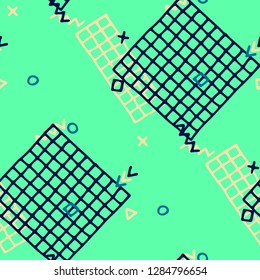 Retro Memphis Pattern. Seamless Background for Chintz, Cotton, Swimwear in Trendy Style. Bright Geometric Pattern with Hand Drawn Scribble Elements. Colorful Triangles, Rings, Zigzags and Dots.