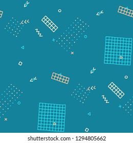 Retro Memphis Pattern. Seamless Background for Chintz, Cotton, Fabric in Trendy Style. Bright Geometric Pattern with Hand Drawn Scribble Elements. Colorful Triangles, Rings, Zigzags and Dots.